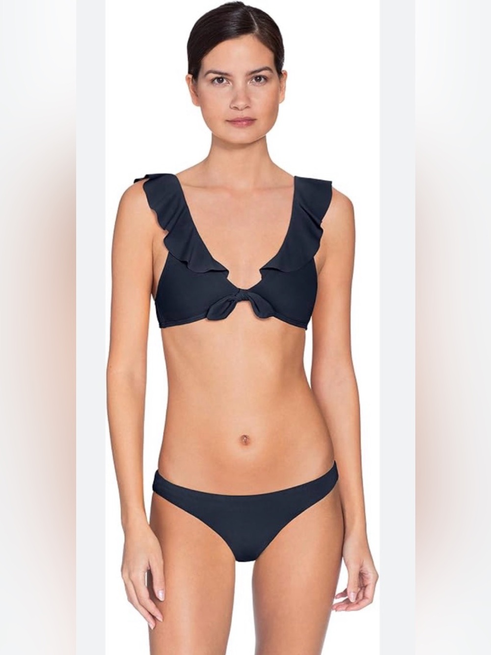 Robin Piccone Ava Ruffle Tie Front Bikini Navy High Leg Bottoms Top S Bottom XS